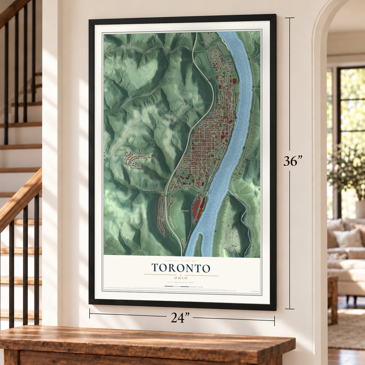 Toronto, Ohio map, 24 x 36 inch print in a black frame by a staircase