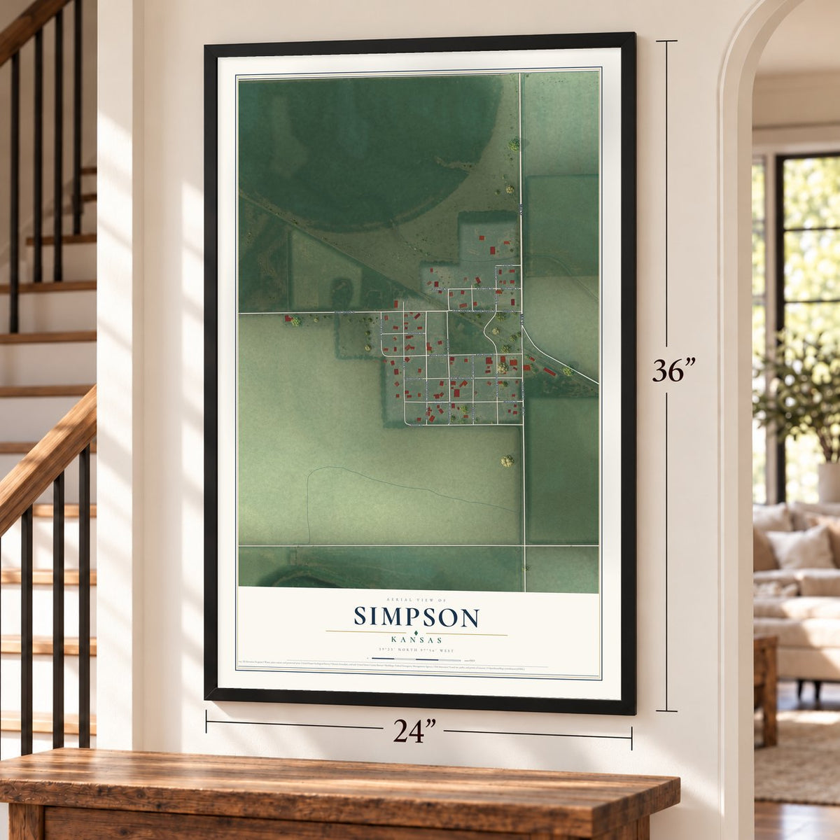 Simpson, Kansas map, 24 x 36 inch print in a black frame by a staircase