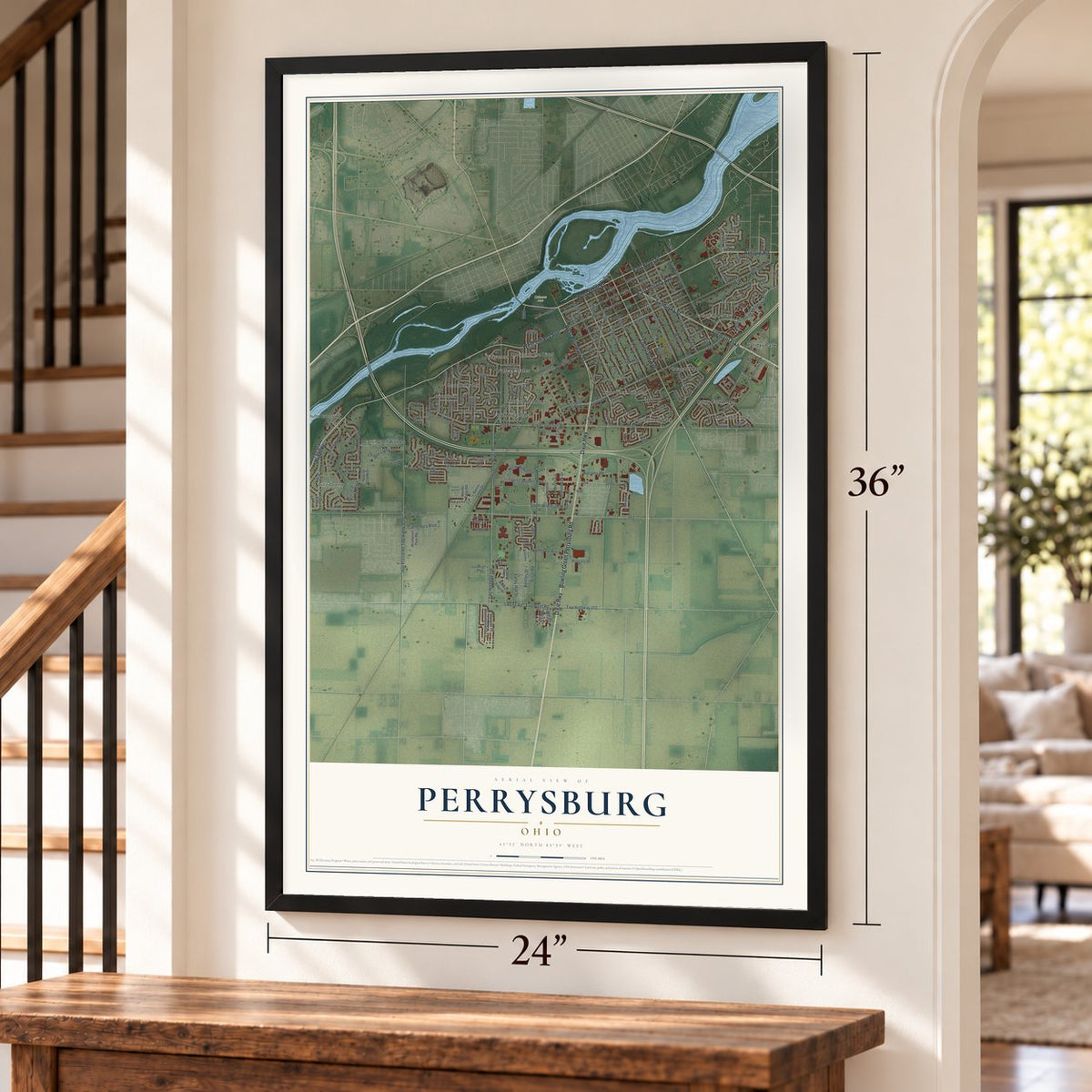 Perrysburg, Ohio map, 24 x 36 inch print in a black frame by a staircase