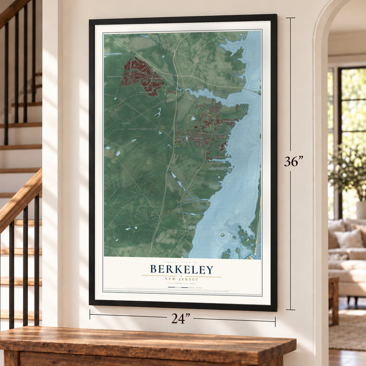 Berkeley, New Jersey map, 24 x 36 inch print in a black frame by a staircase