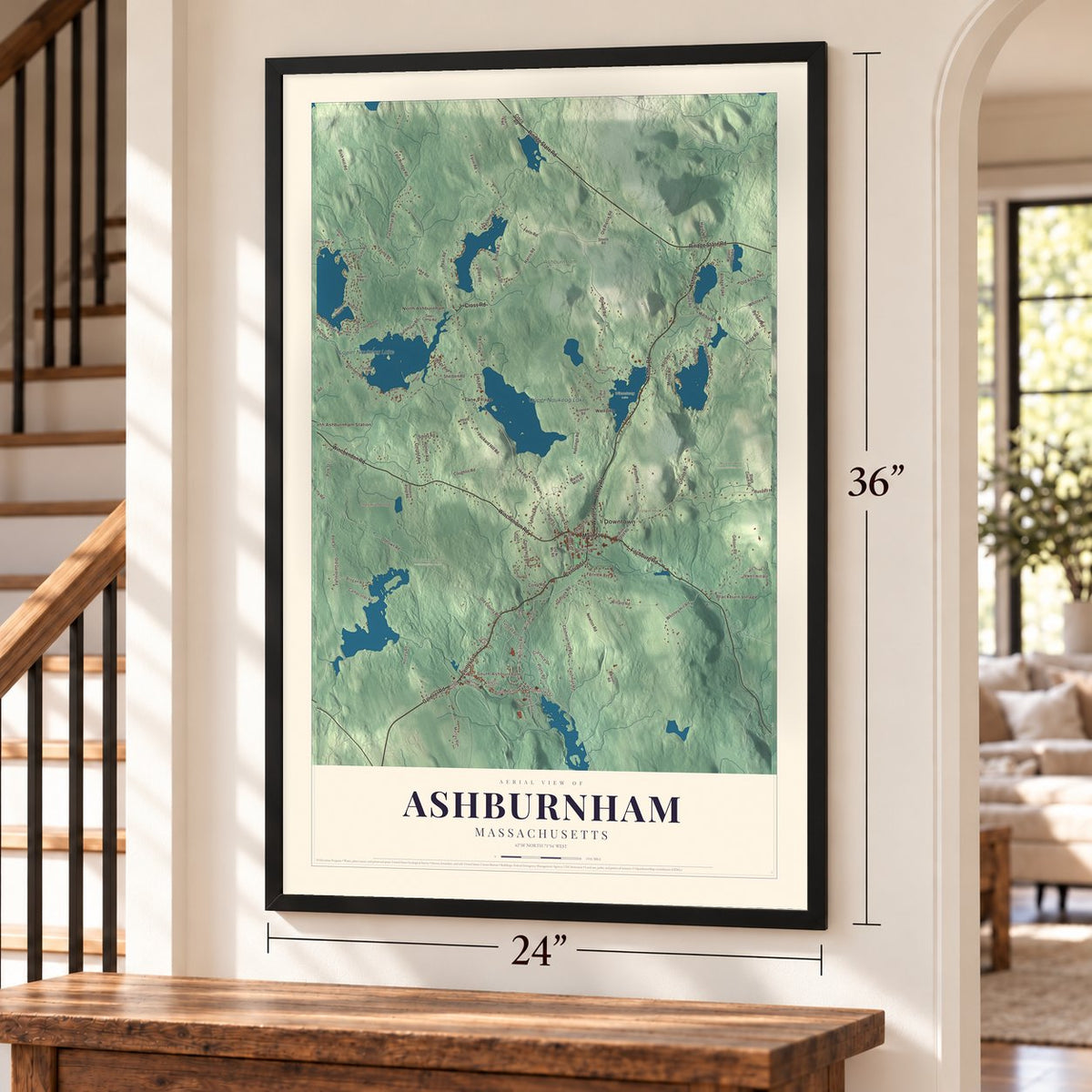 Ashburnham, Massachusetts map, 24 x 36 inch print in a black frame by a staircase