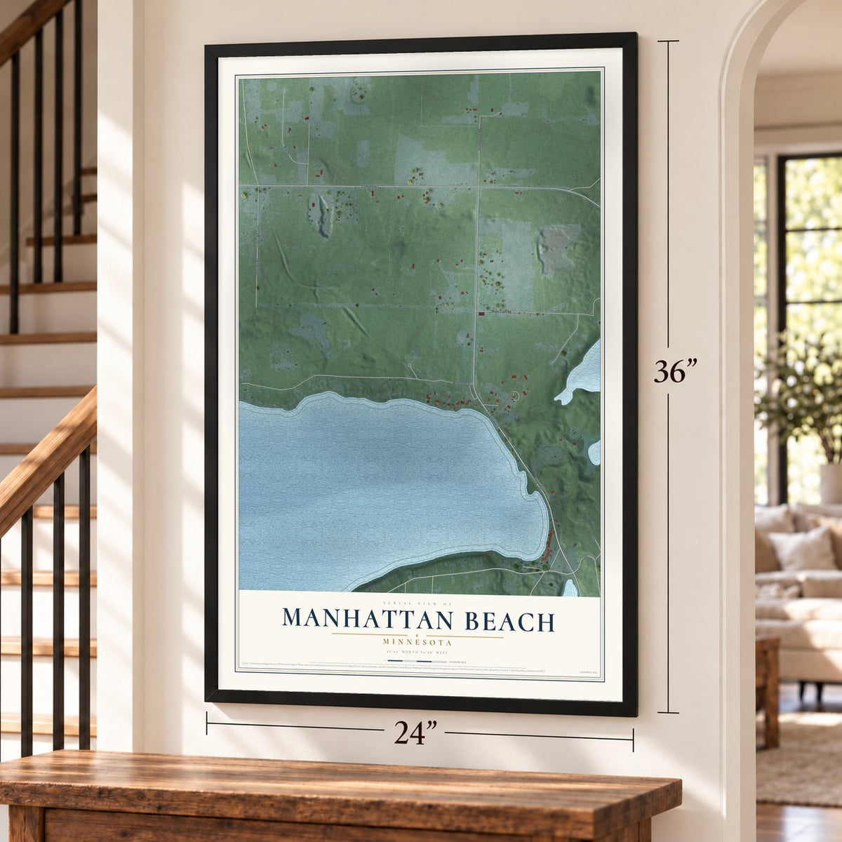 Manhattan Beach, Minnesota map, 24 x 36 inch print in a black frame by a staircase