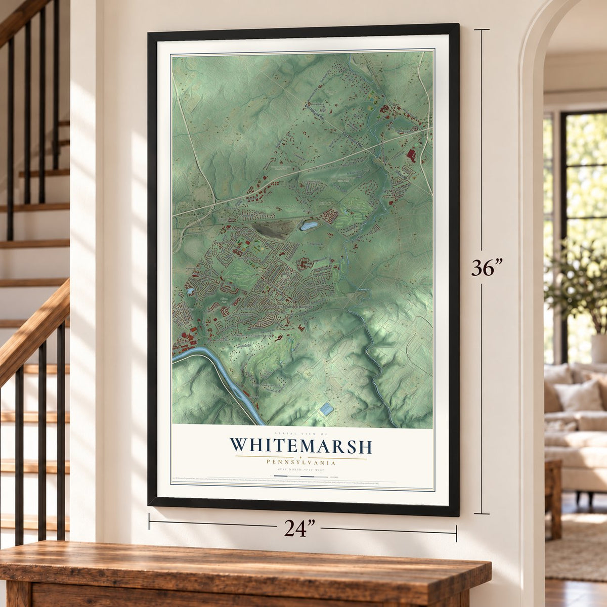 Whitemarsh, Pennsylvania map, 24 x 36 inch print in a black frame by a staircase