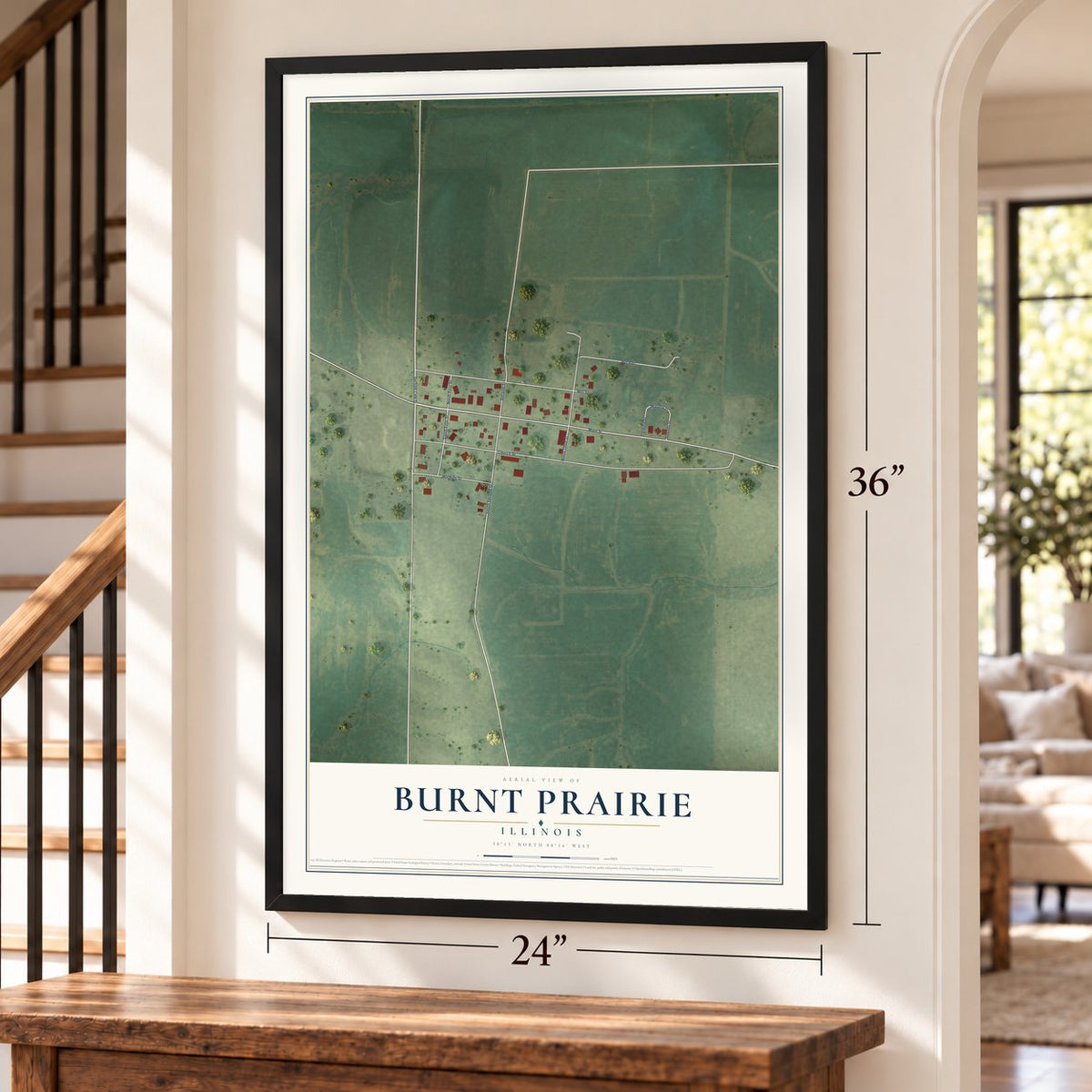 Burnt Prairie, Illinois map, 24 x 36 inch print in a black frame by a staircase