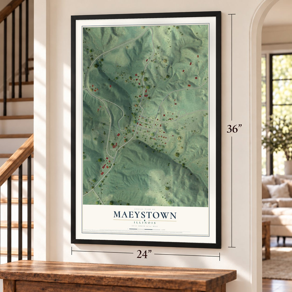 Maeystown, Illinois map, 24 x 36 inch print in a black frame by a staircase