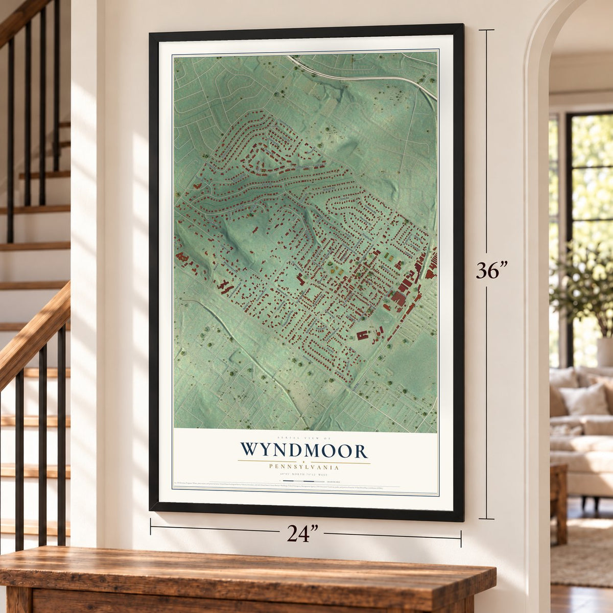 Wyndmoor, Pennsylvania map, 24 x 36 inch print in a black frame by a staircase