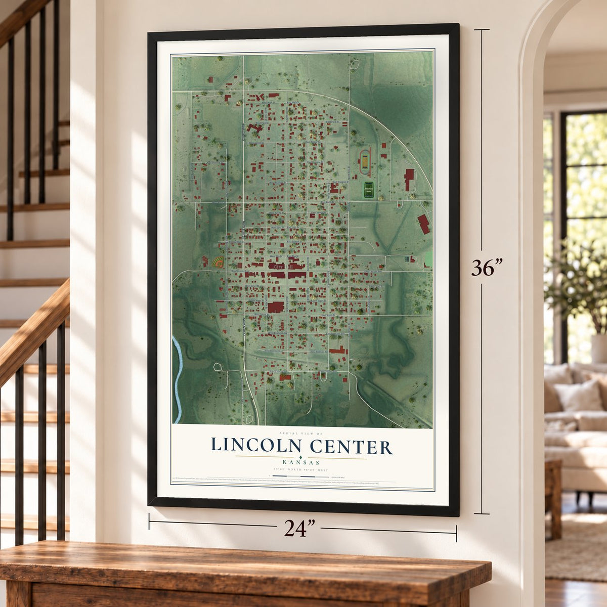 Lincoln Center, Kansas map, 24 x 36 inch print in a black frame by a staircase