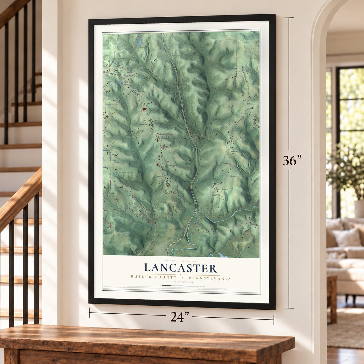 Lancaster, Butler County, Pennsylvania map, 24 x 36 inch print in a black frame by a staircase