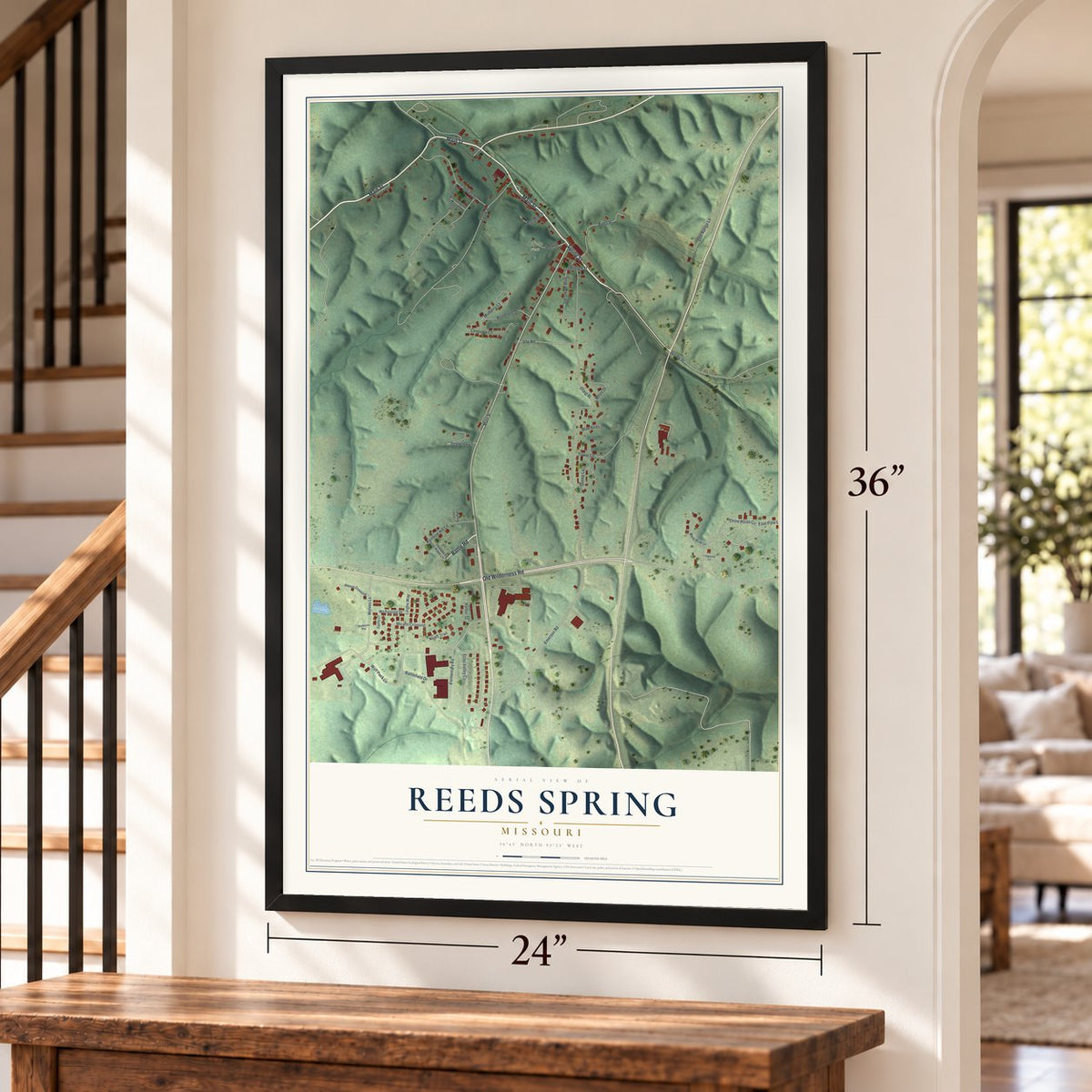 Reeds Spring, Missouri map, 24 x 36 inch print in a black frame by a staircase