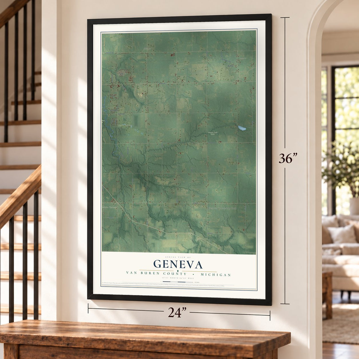 Geneva, Van Buren County, Michigan map, 24 x 36 inch print in a black frame by a staircase