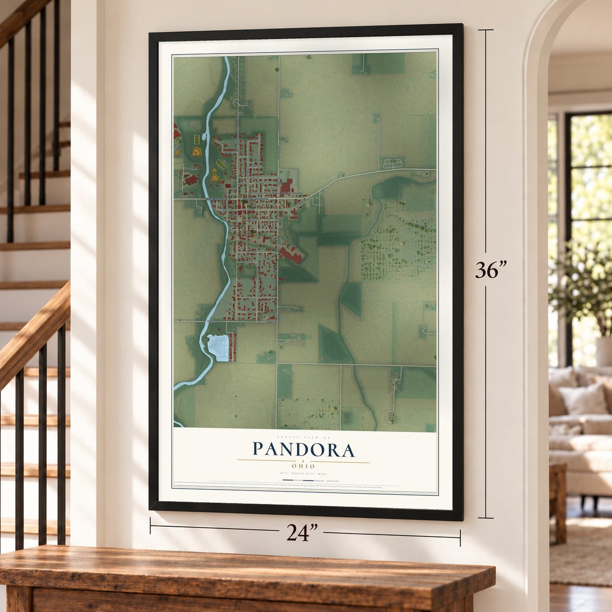 Pandora, Ohio map, 24 x 36 inch print in a black frame by a staircase