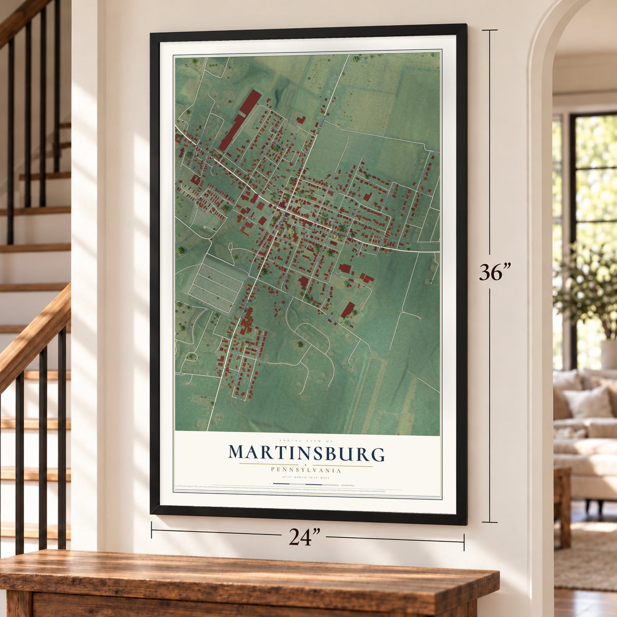 Martinsburg, Pennsylvania map, 24 x 36 inch print in a black frame by a staircase