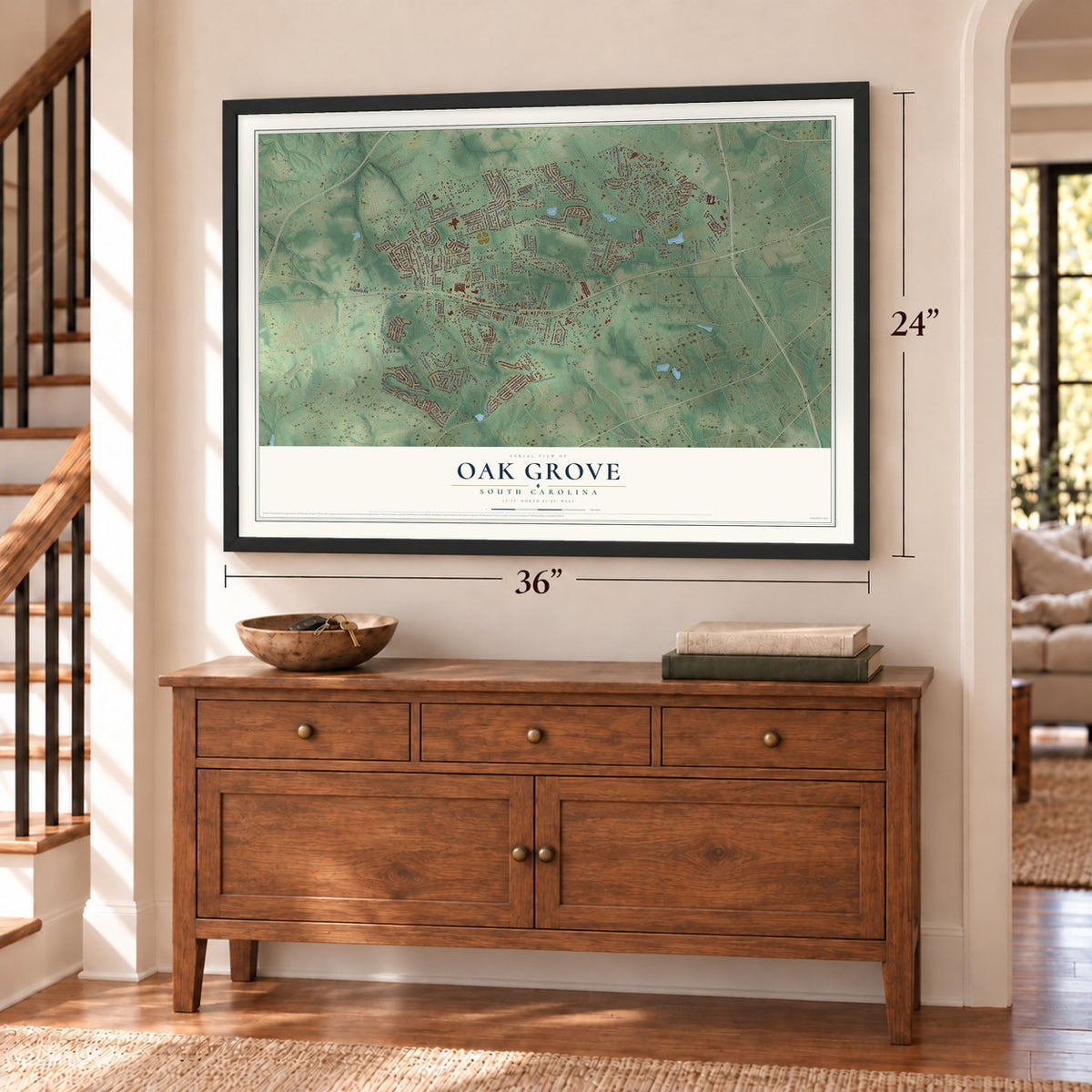 Oak Grove, South Carolina map, 24 x 36 inch print in a black frame above a dresser by a staircase