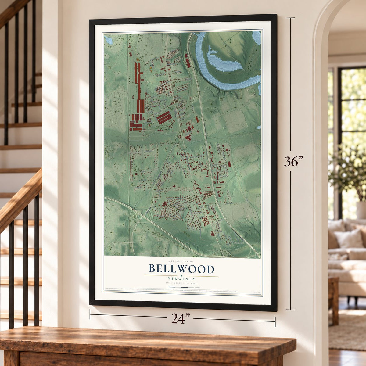 Bellwood, Virginia map, 24 x 36 inch print in a black frame by a staircase