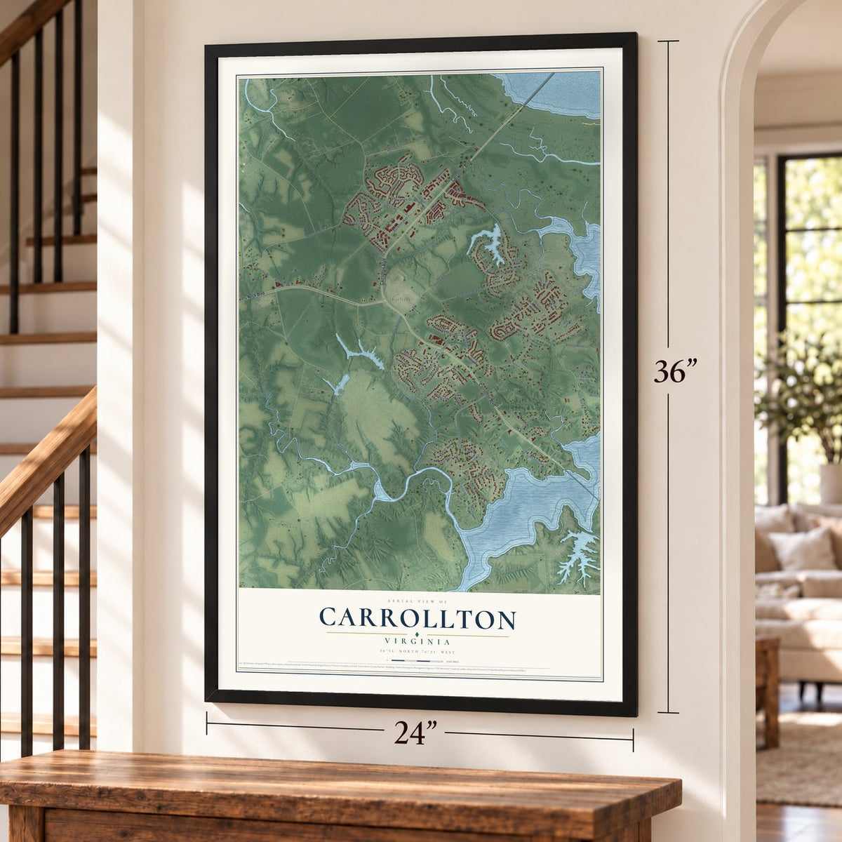 Carrollton, Virginia map, 24 x 36 inch print in a black frame by a staircase