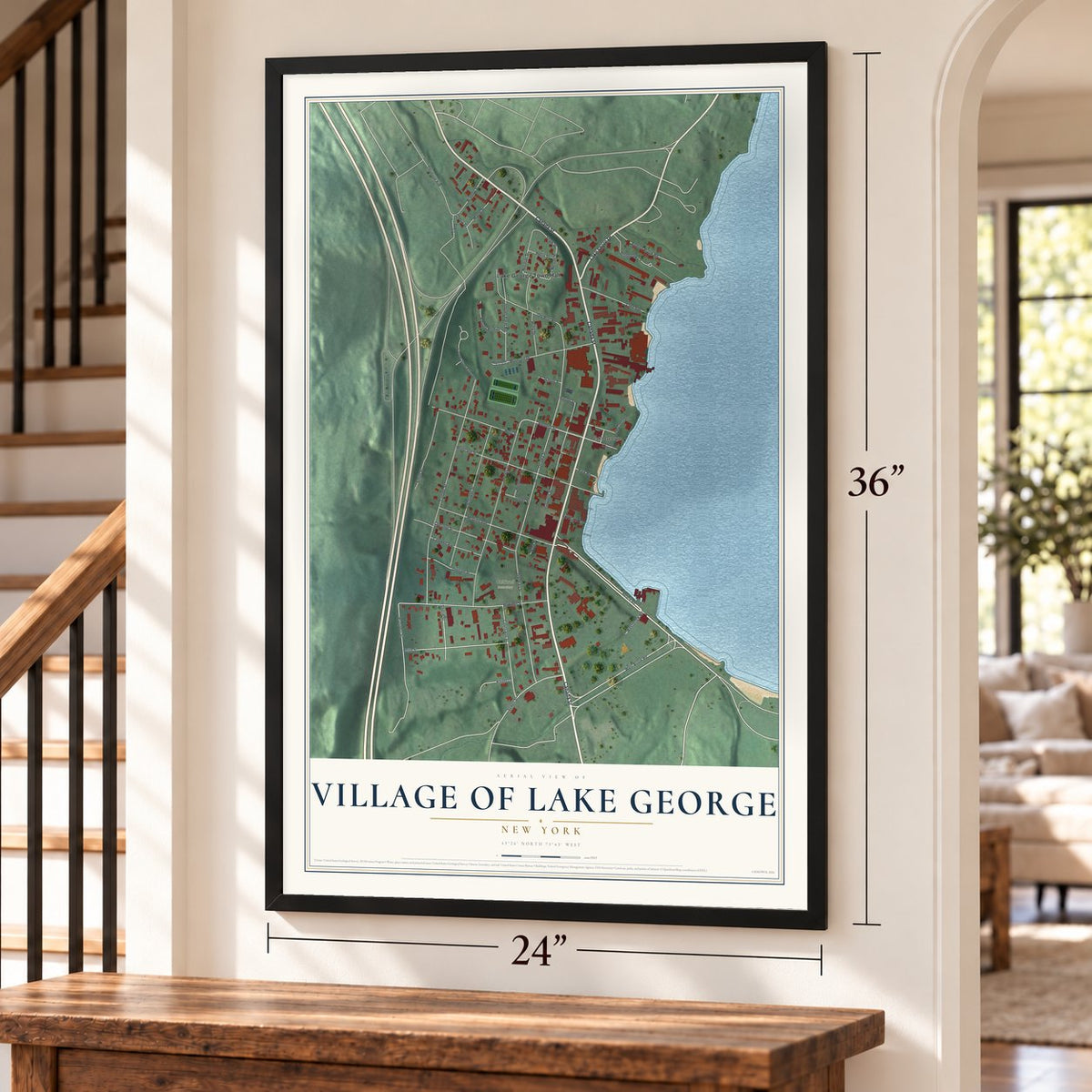 Village of Lake George, New York map, 24 x 36 inch print in a black frame by a staircase