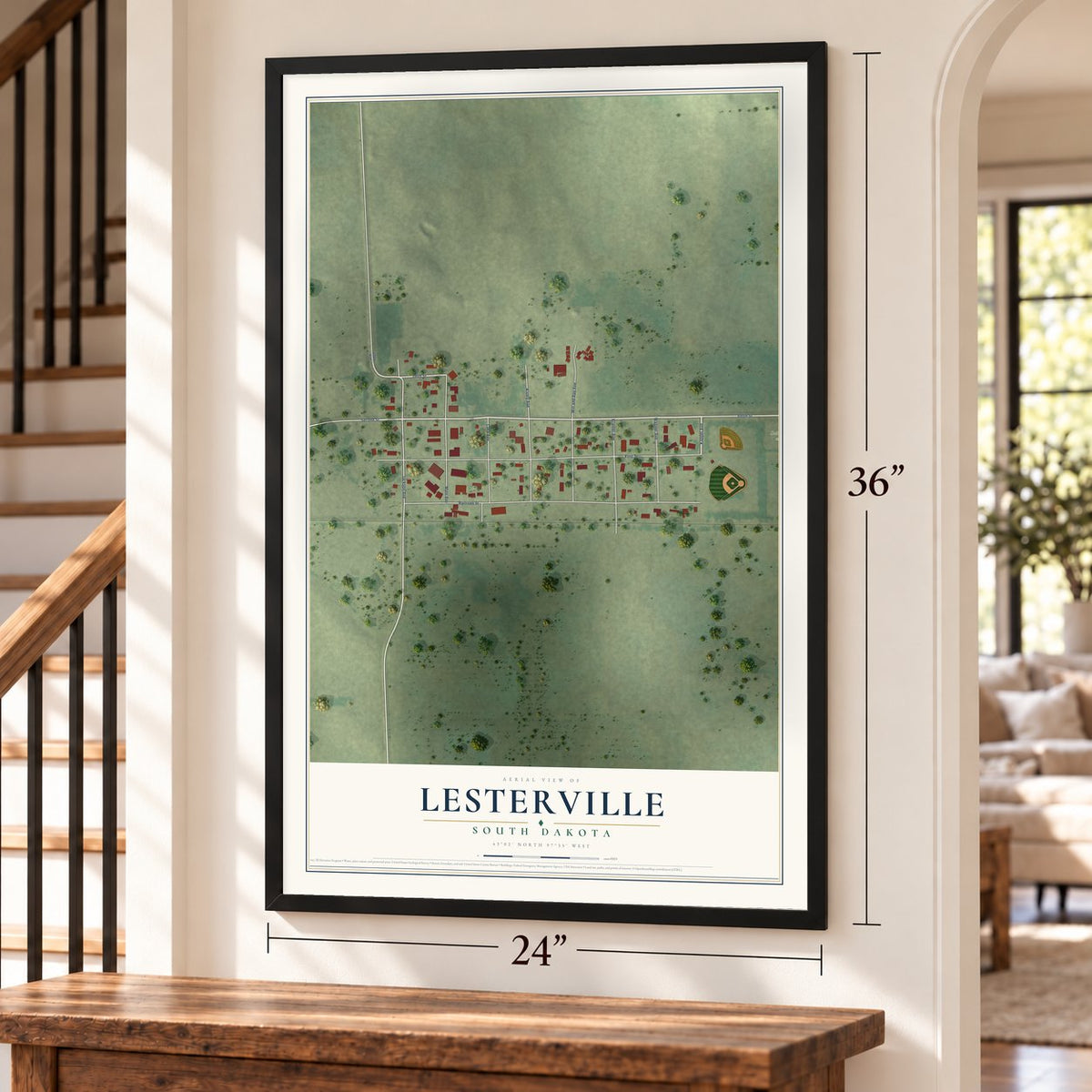 Lesterville, South Dakota map, 24 x 36 inch print in a black frame by a staircase