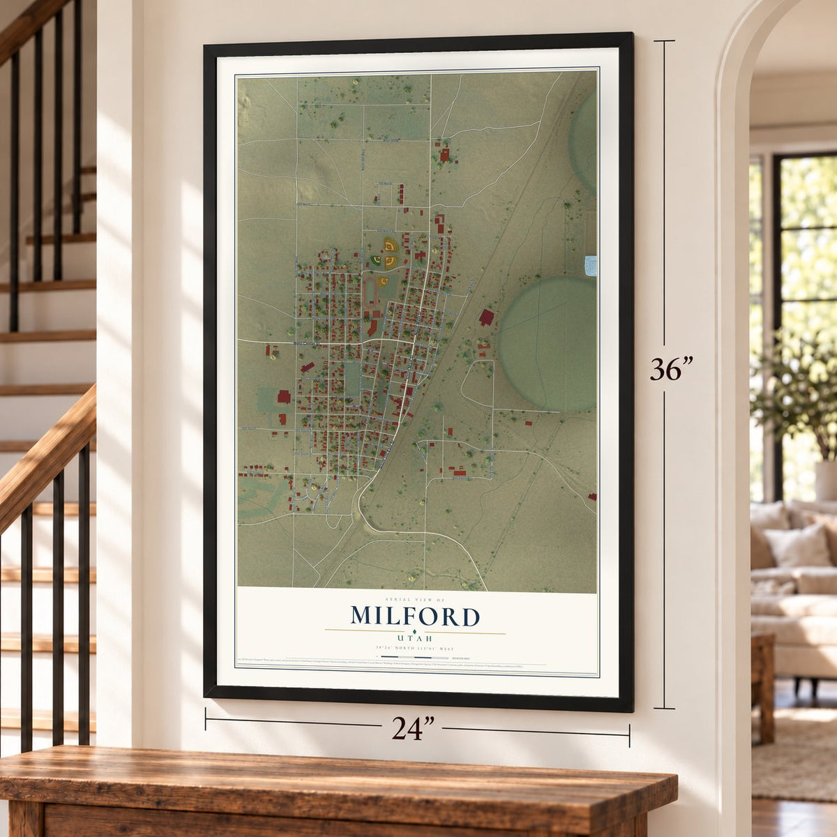 Milford, Utah map, 24 x 36 inch print in a black frame by a staircase