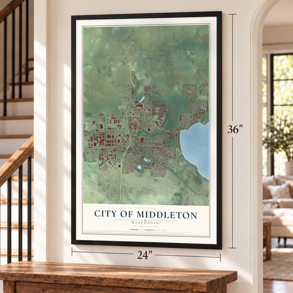 Middleton, Wisconsin map, 24 x 36 inch print in a black frame by a staircase