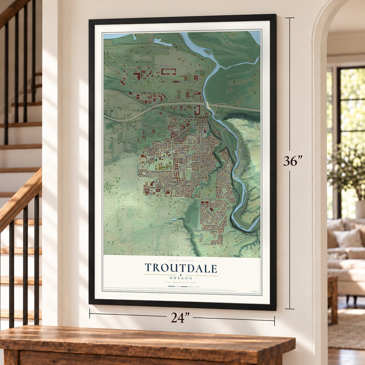 Troutdale, Oregon map, 24 x 36 inch print in a black frame by a staircase