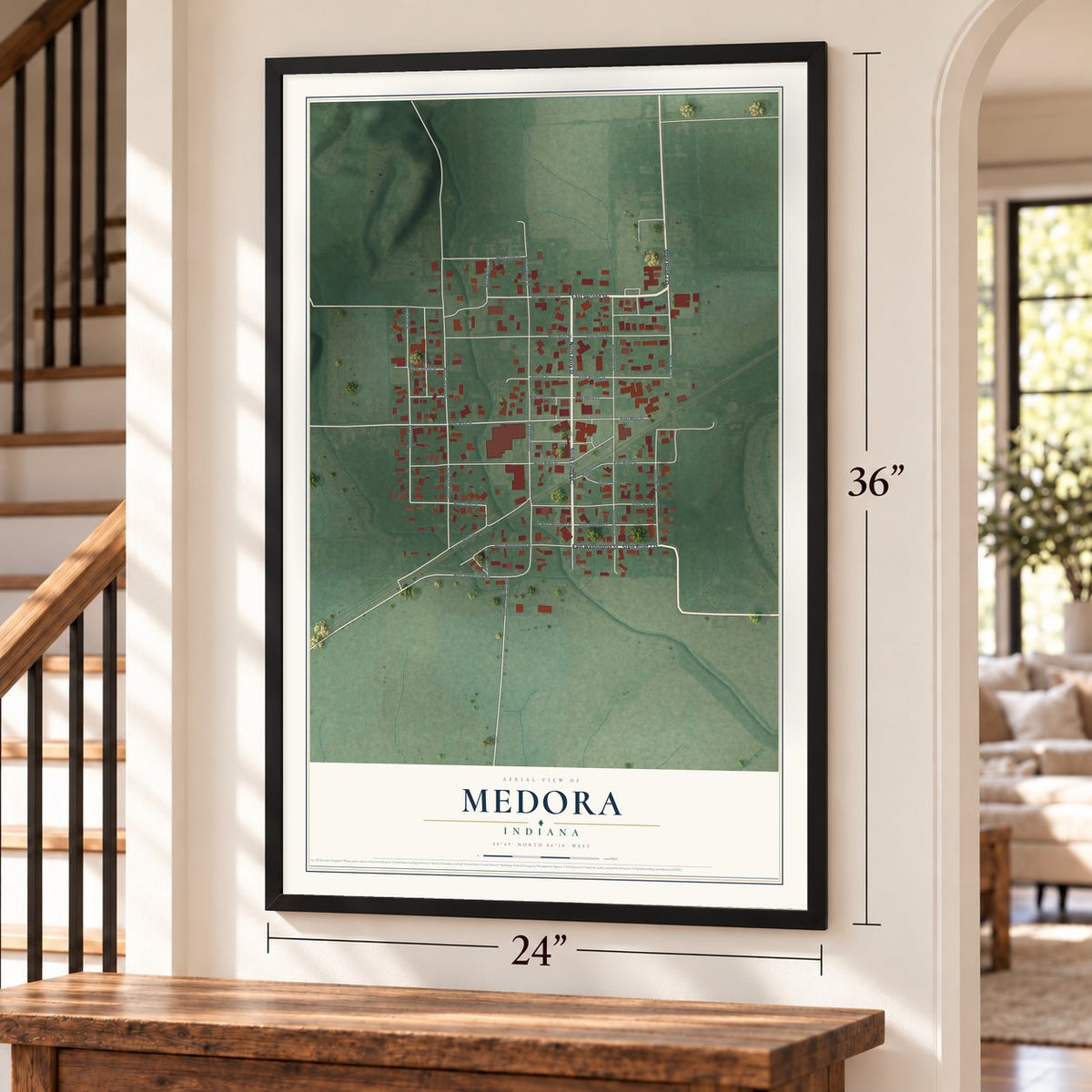 Medora, Indiana map, 24 x 36 inch print in a black frame by a staircase