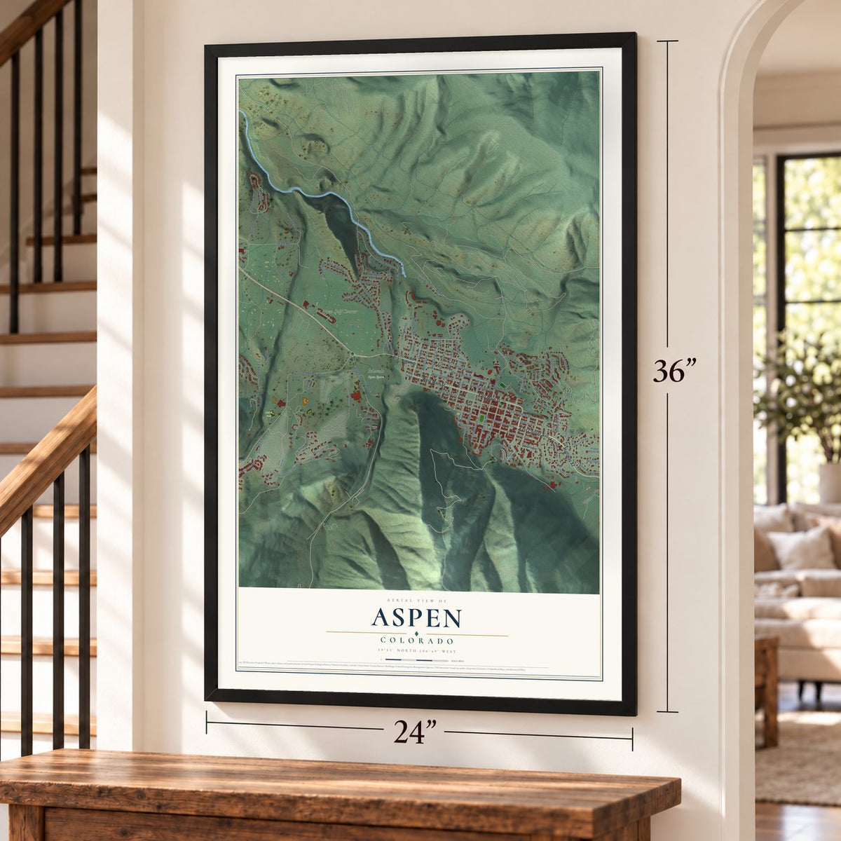 Aspen, Colorado map, 24 x 36 inch print in a black frame by a staircase