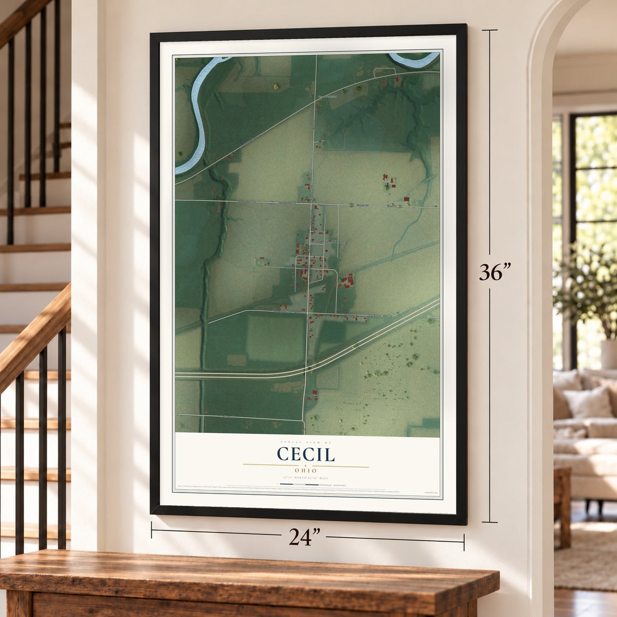 Cecil, Ohio map, 24 x 36 inch print in a black frame by a staircase
