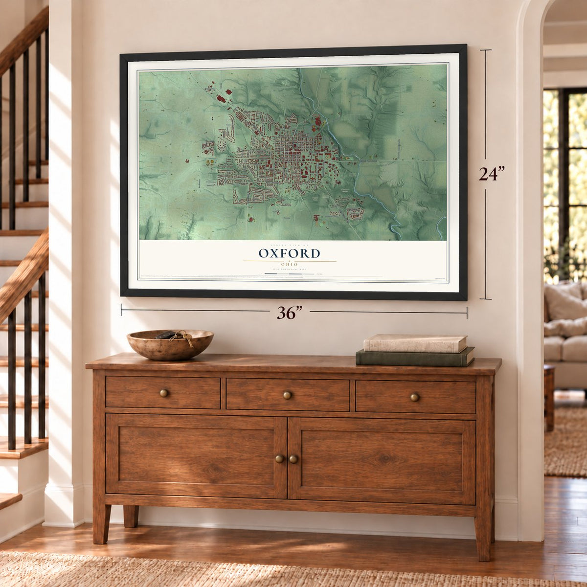 Oxford, Ohio map, 24 x 36 inch print in a black frame above a dresser by a staircase