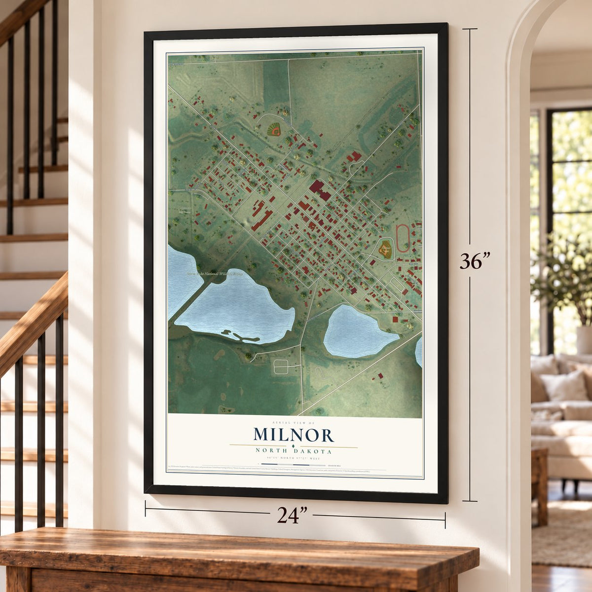 Milnor, North Dakota map, 24 x 36 inch print in a black frame by a staircase