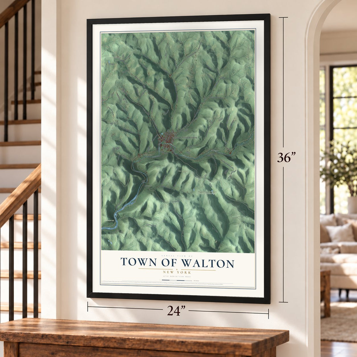Town of Walton, New York map, 24 x 36 inch print in a black frame by a staircase