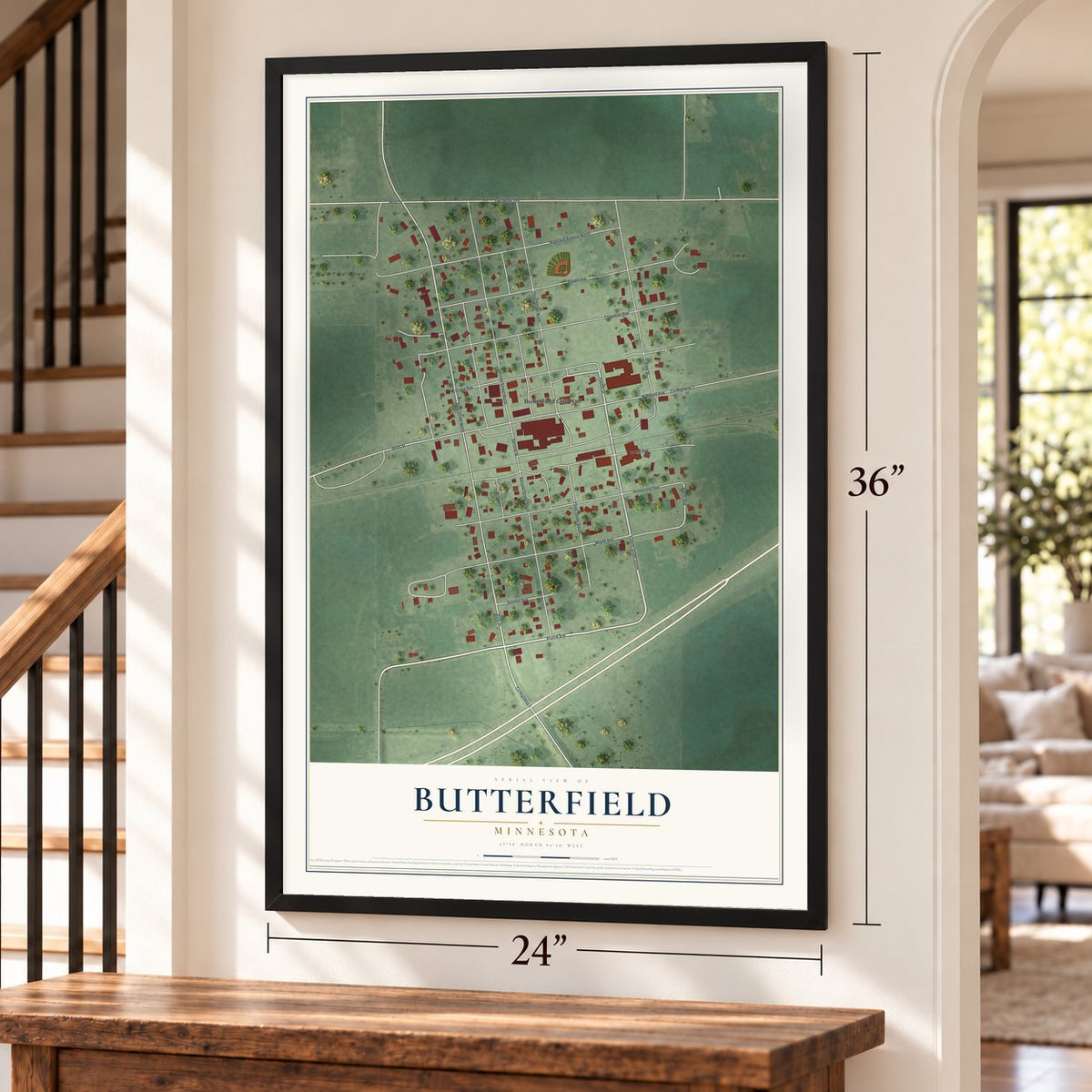 Butterfield, Minnesota map, 24 x 36 inch print in a black frame by a staircase