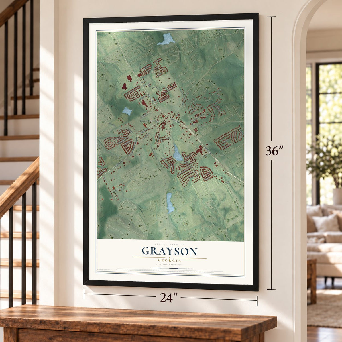 Grayson, Georgia map, 24 x 36 inch print in a black frame by a staircase