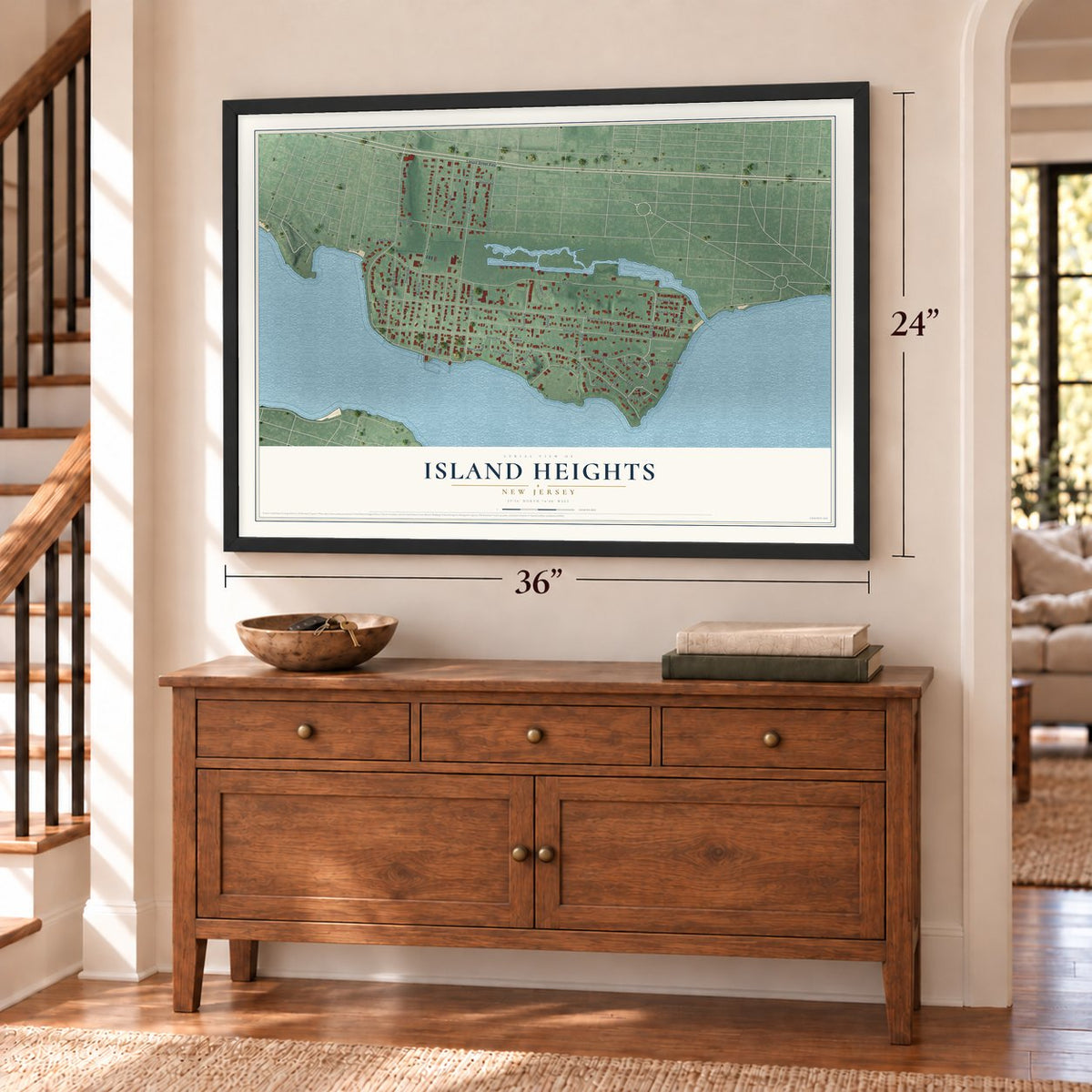 Island Heights, New Jersey map, 24 x 36 inch print in a black frame above a dresser by a staircase