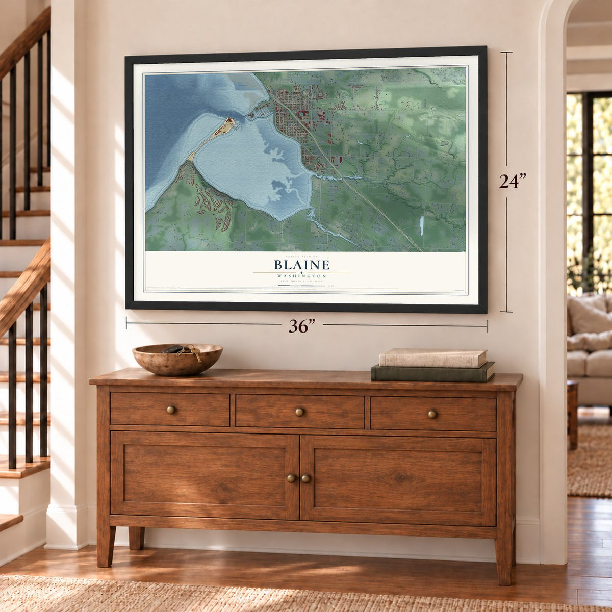 Blaine, Washington map, 24 x 36 inch print in a black frame above a dresser by a staircase