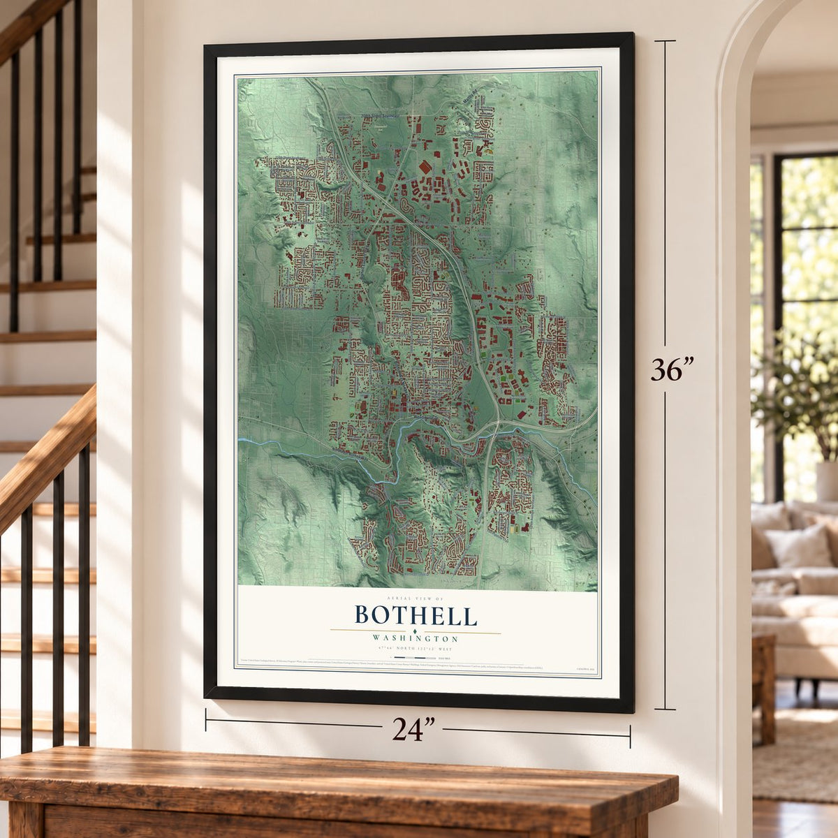 Bothell, Washington map, 24 x 36 inch print in a black frame by a staircase