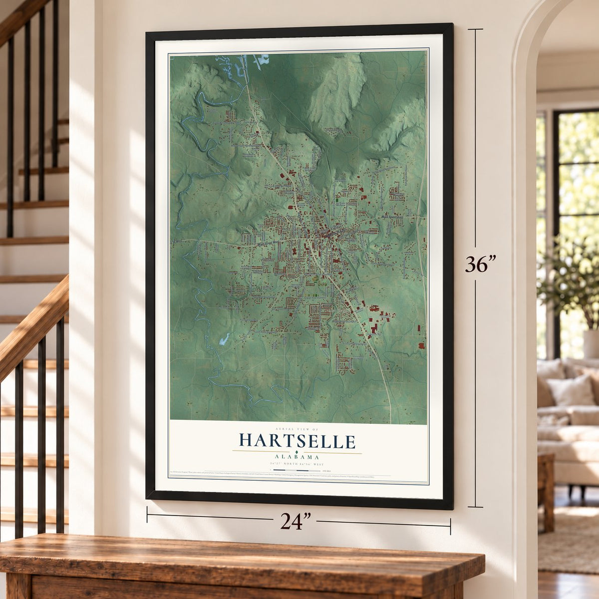 Hartselle, Alabama map, 24 x 36 inch print in a black frame by a staircase