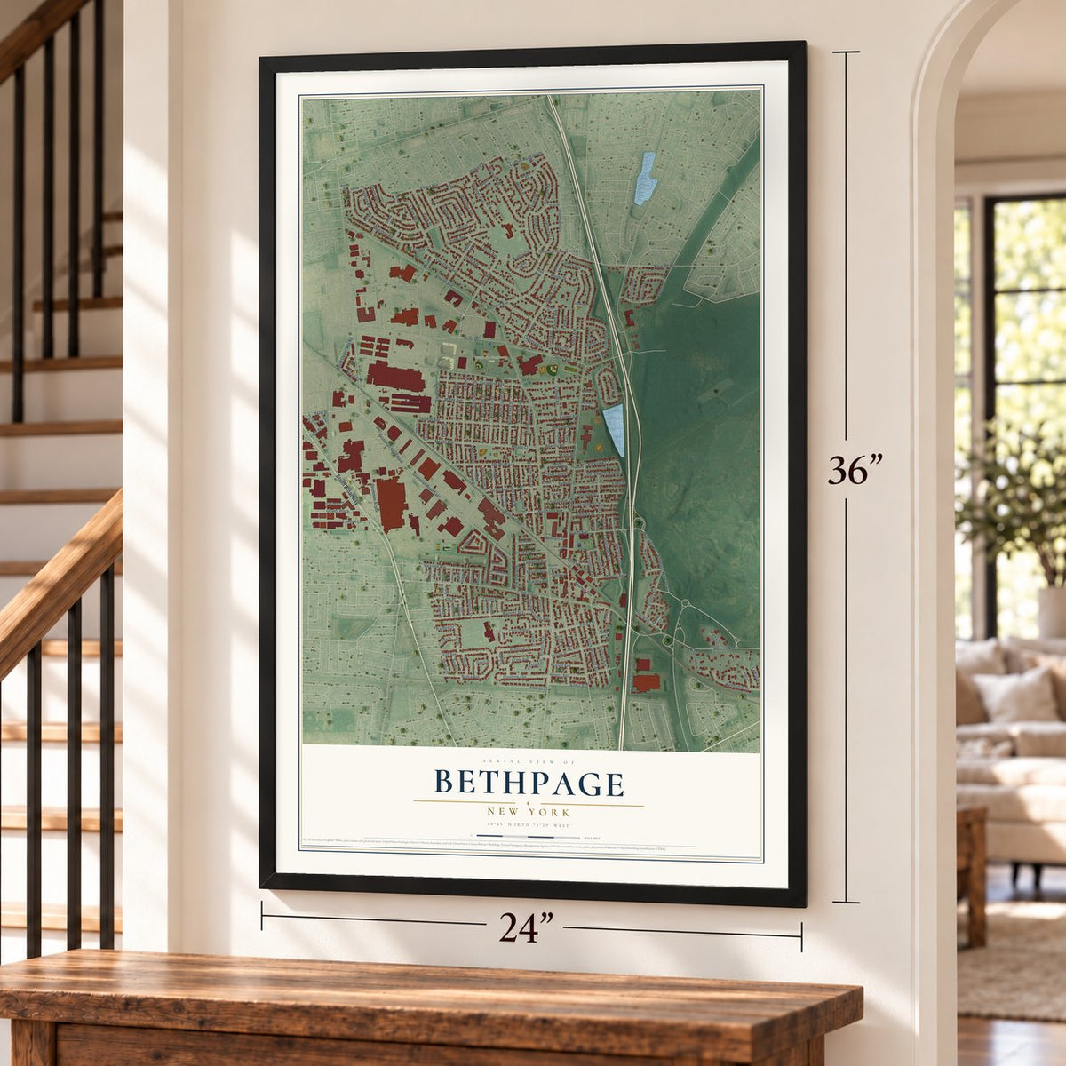 Bethpage, New York map, 24 x 36 inch print in a black frame by a staircase