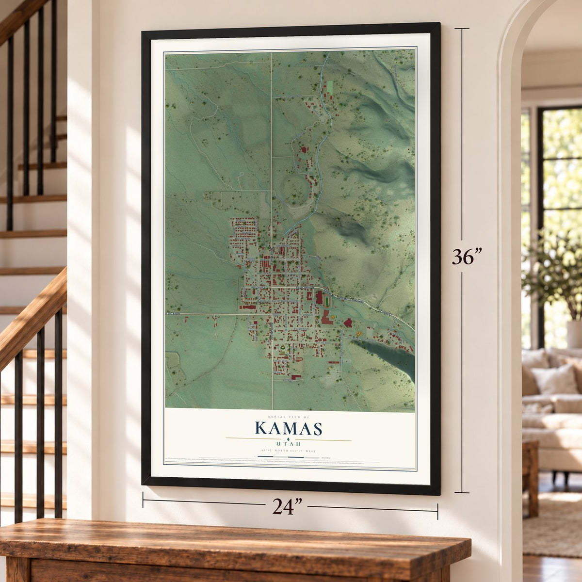 Kamas, Utah map, 24 x 36 inch print in a black frame by a staircase