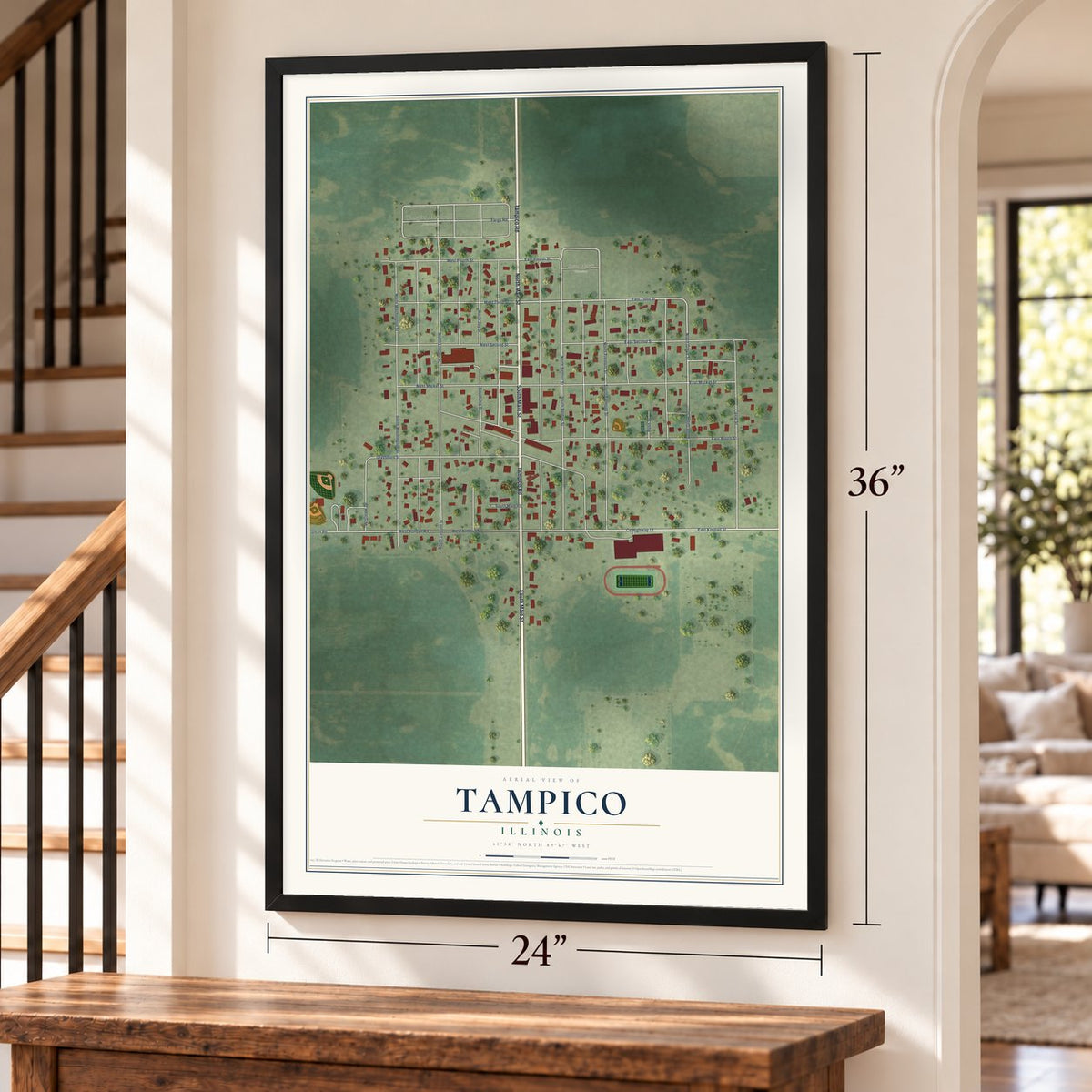 Tampico, Illinois map, 24 x 36 inch print in a black frame by a staircase