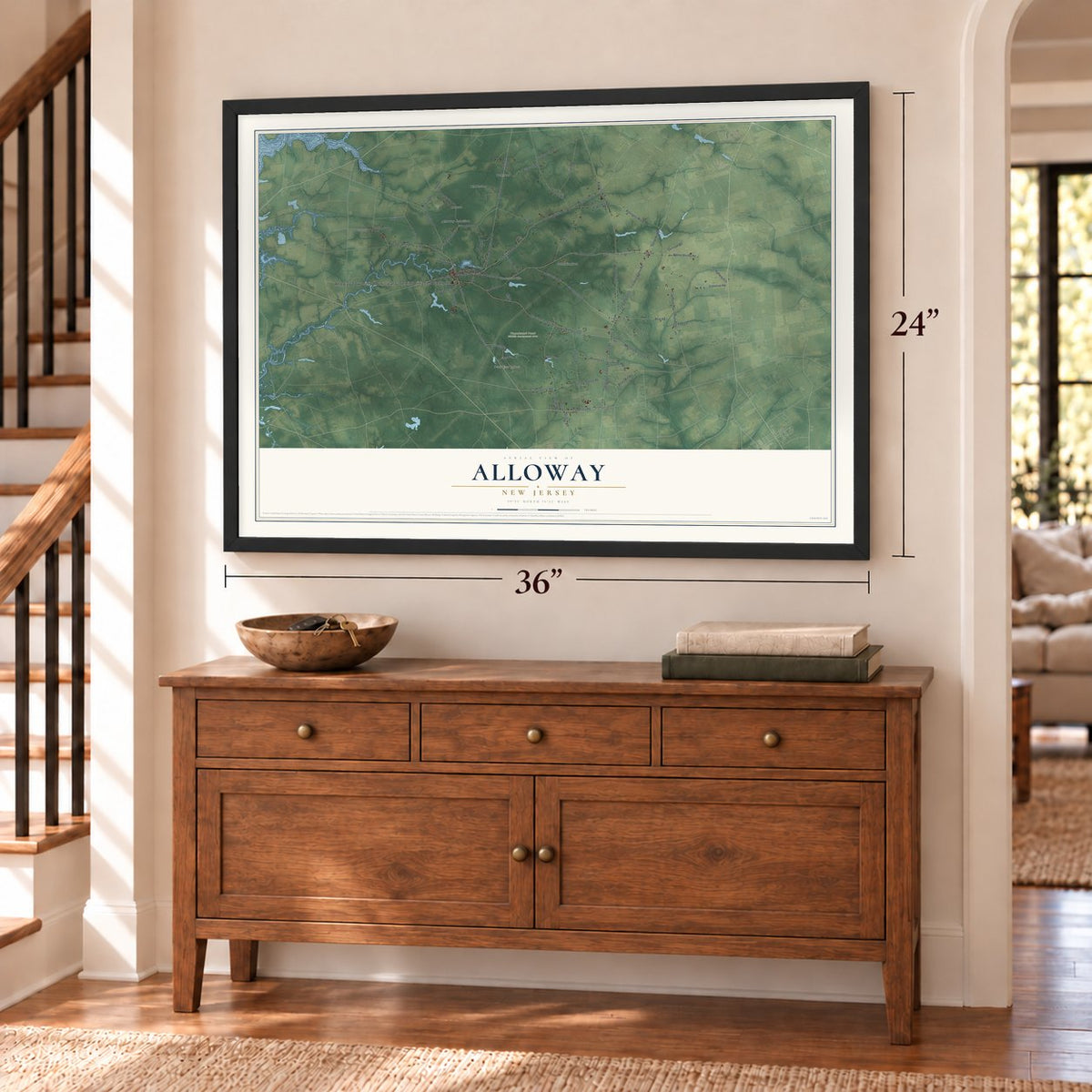Alloway, New Jersey map, 24 x 36 inch print in a black frame above a dresser by a staircase