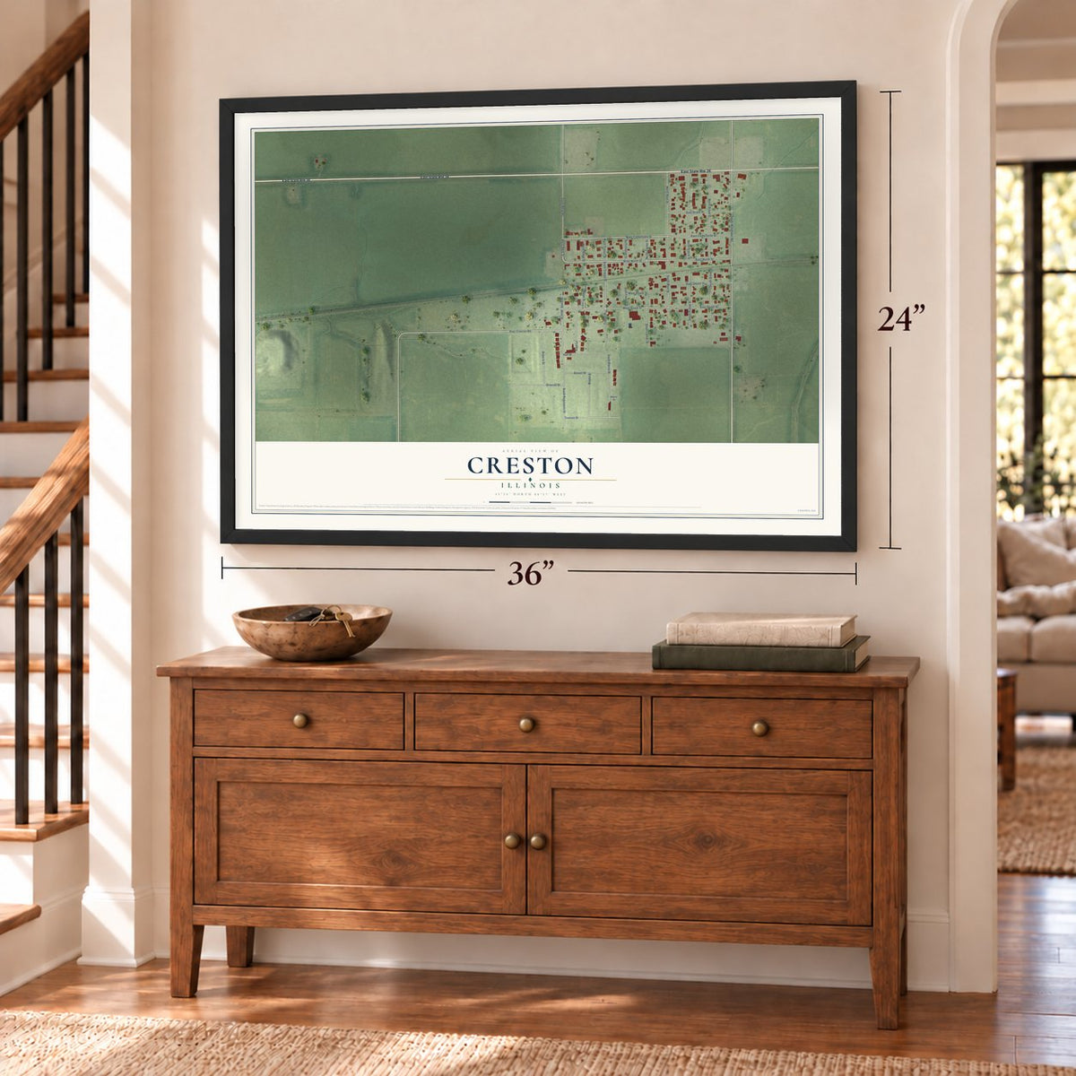 Creston, Illinois map, 24 x 36 inch print in a black frame above a dresser by a staircase