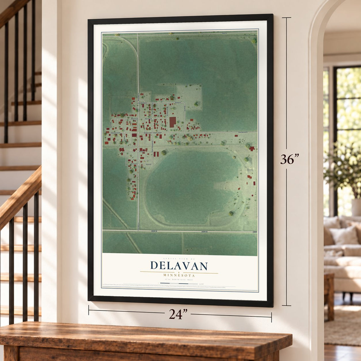 Delavan, Minnesota map, 24 x 36 inch print in a black frame by a staircase