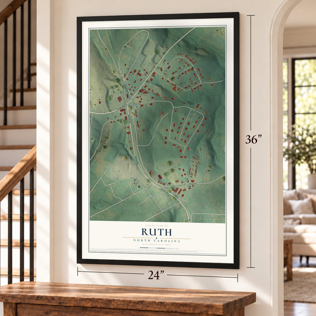 Ruth, North Carolina map, 24 x 36 inch print in a black frame by a staircase