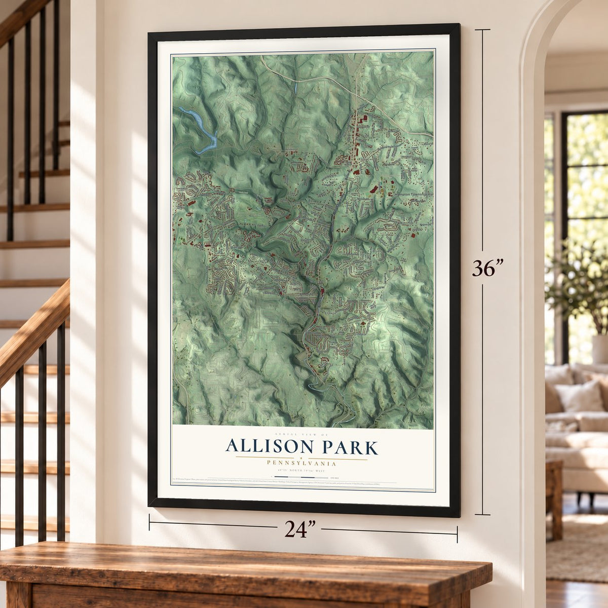 Allison Park, Pennsylvania map, 24 x 36 inch print in a black frame by a staircase