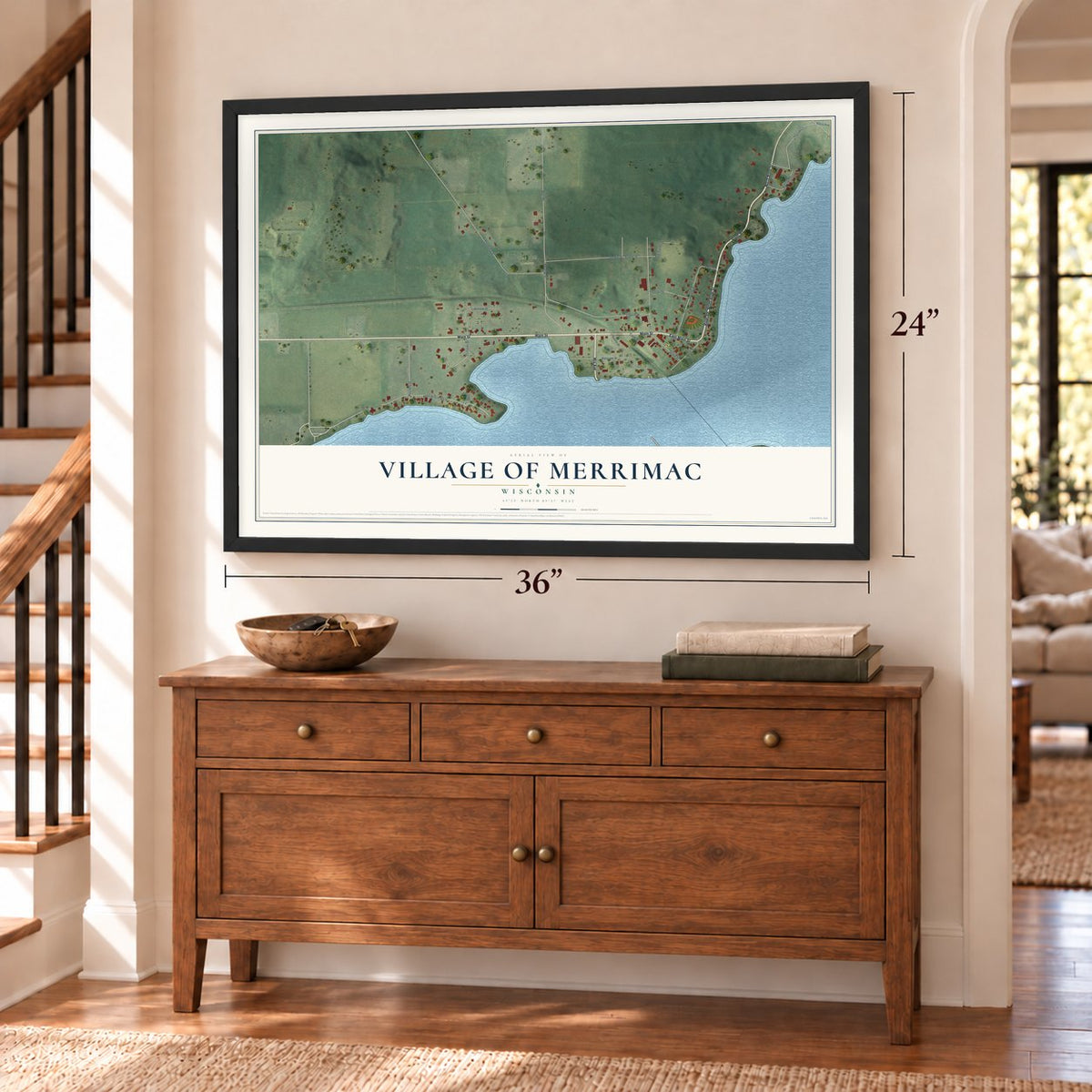 Merrimac, Wisconsin map, 24 x 36 inch print in a black frame above a dresser by a staircase