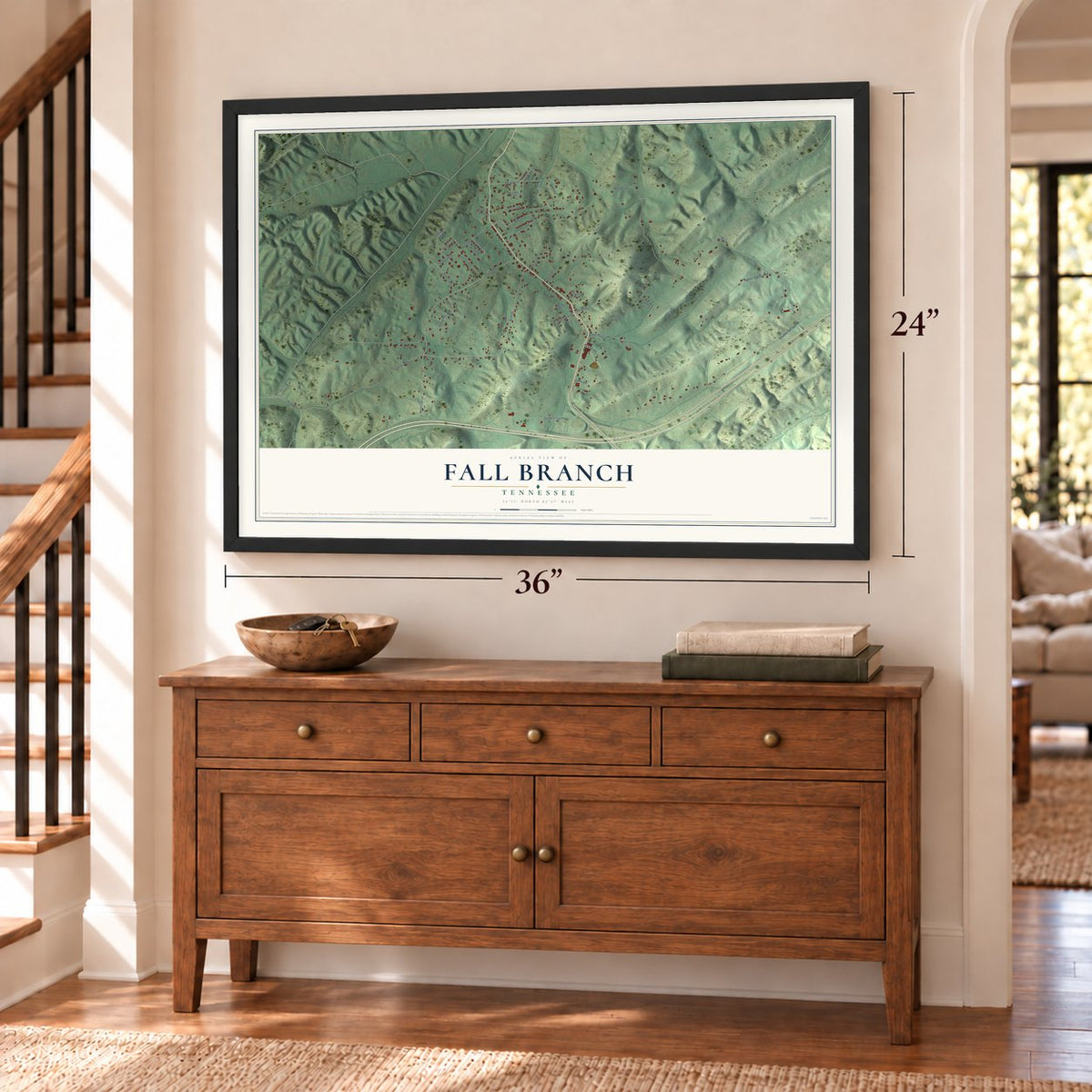 Fall Branch, Tennessee map, 24 x 36 inch print in a black frame above a dresser by a staircase