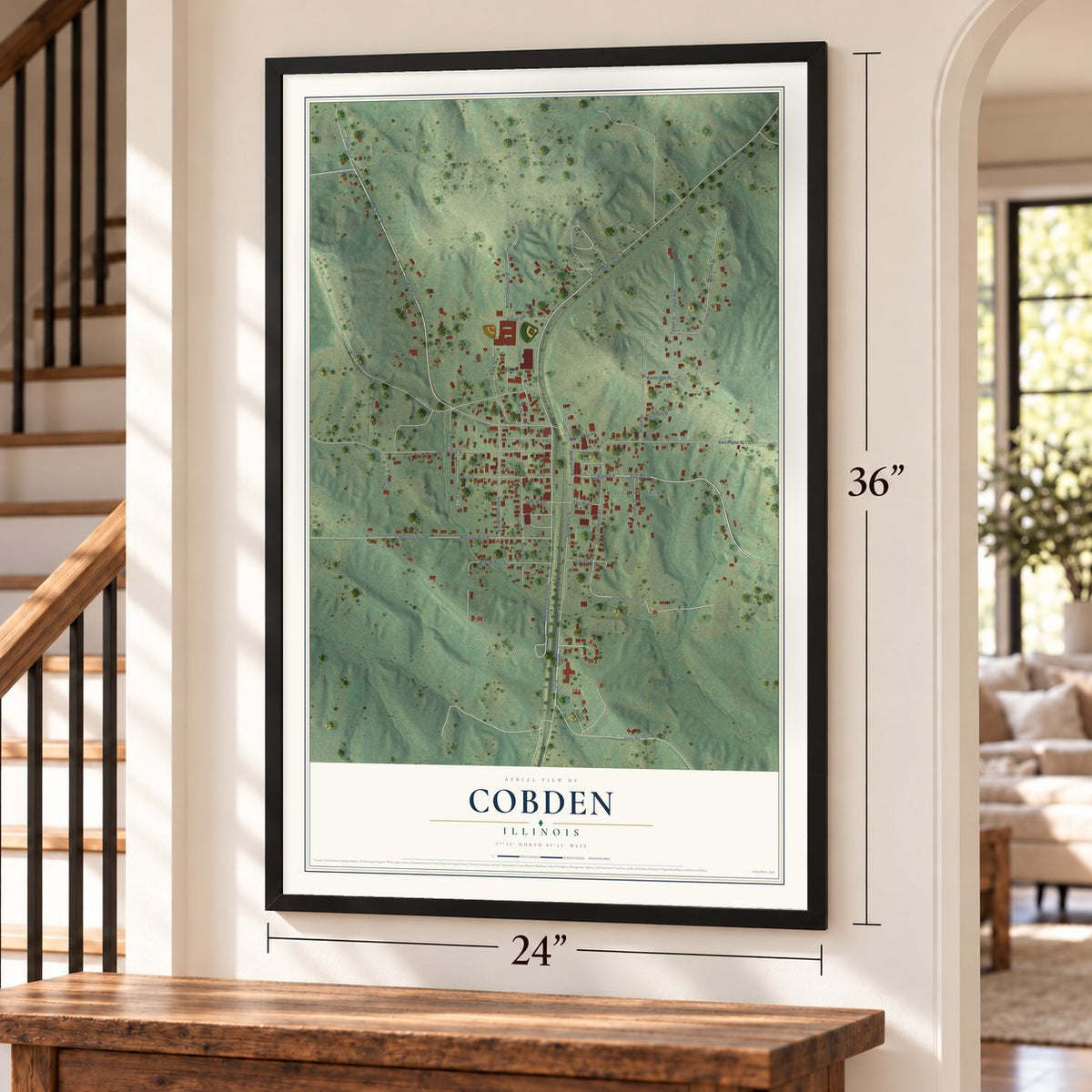 Cobden, Illinois map, 24 x 36 inch print in a black frame by a staircase