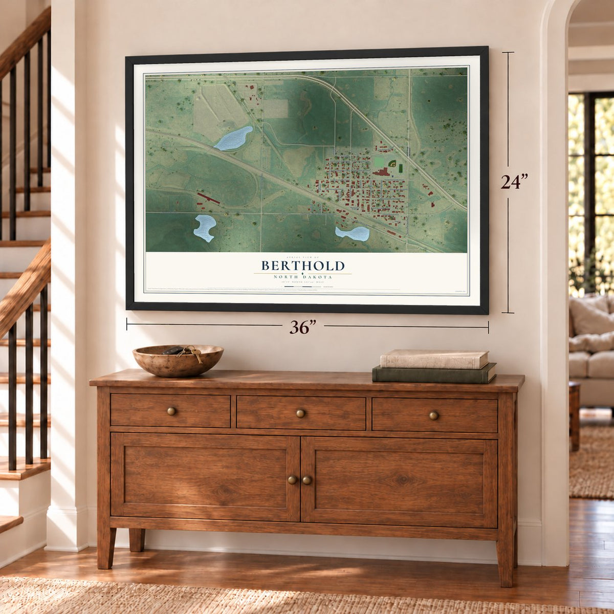 Berthold, North Dakota map, 24 x 36 inch print in a black frame above a dresser by a staircase