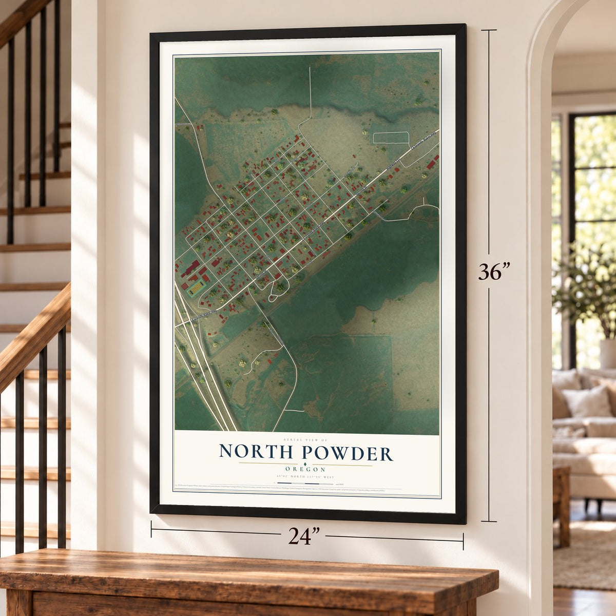 North Powder, Oregon map, 24 x 36 inch print in a black frame by a staircase