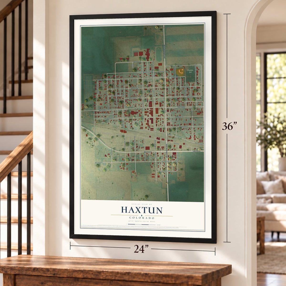 Haxtun, Colorado map, 24 x 36 inch print in a black frame by a staircase